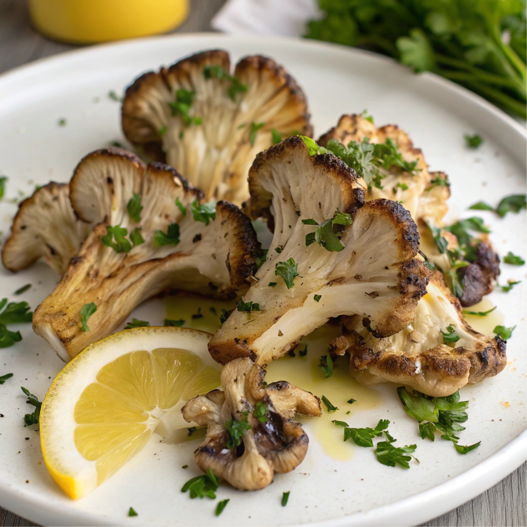 Grilled maitake mushroom clusters drizzled with garlic butter and sprinkled with parsley. The mushrooms have light grill marks and are served on a white plate with a lemon wedge for garnish