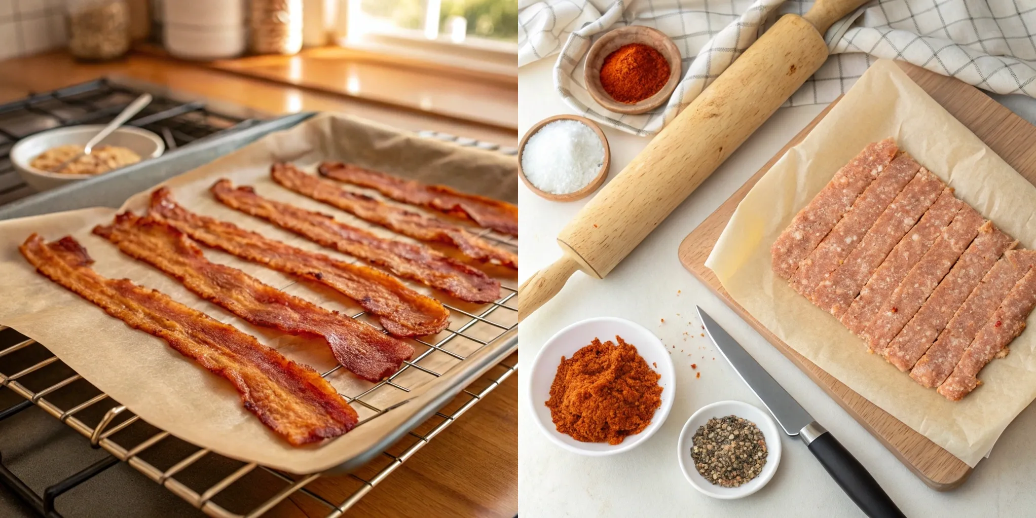 Turkey bacon strips baking on a wire rack for crispy and even cooking.