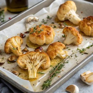 Roasted lion's mane mushrooms with garlic, thyme, and rosemary on a baking sheet.
