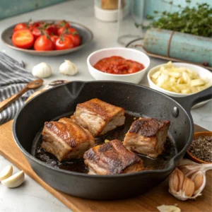 Golden-brown boneless beef short ribs searing in a cast iron skillet, surrounded by garlic, onions, and tomato paste in a modern kitchen setting