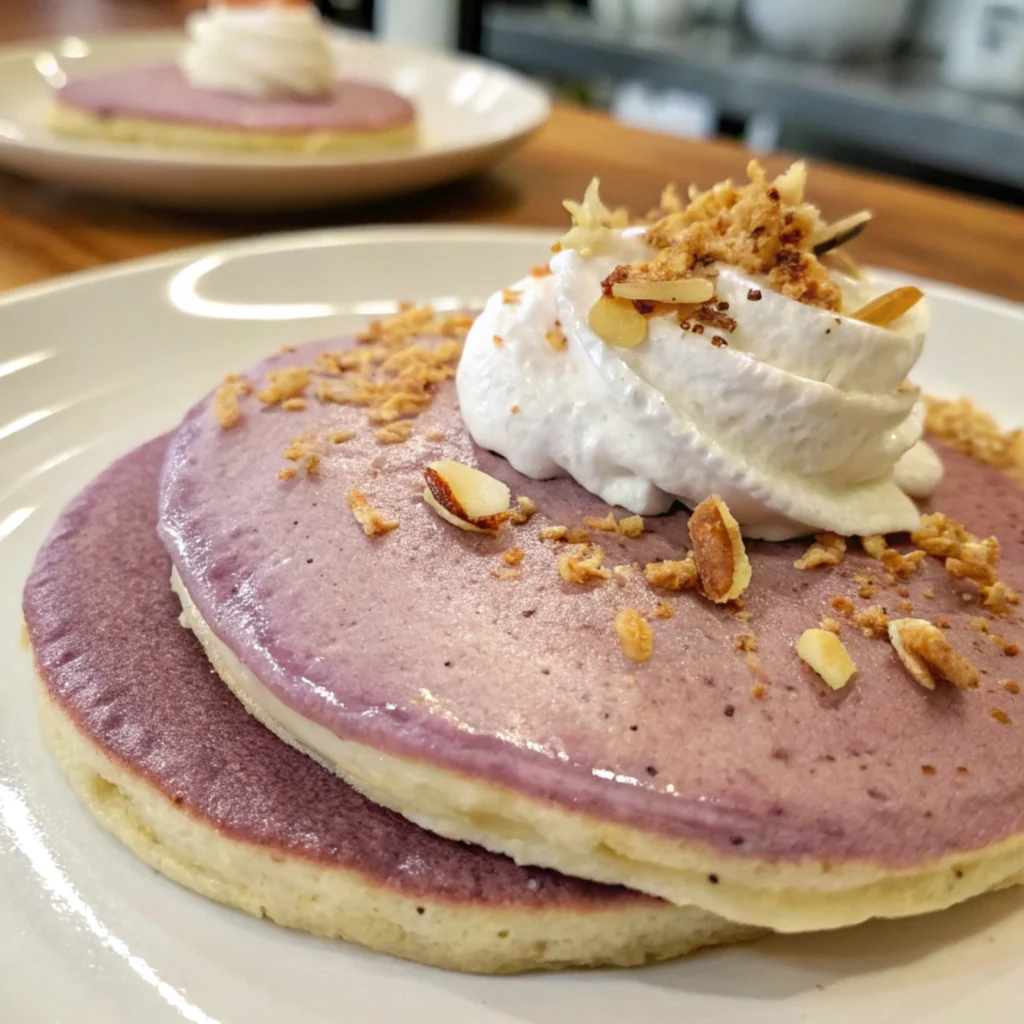 Fluffy pancakes infused with sweet, nutty taro flavor, offering a unique and vibrant twist on a breakfast classic.