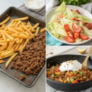 Step-by-step preparation of loaded taco salad fries with fries, seasoned beef, and fresh toppings