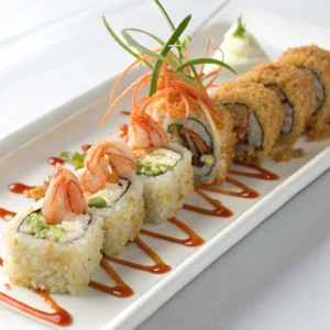 Boston roll variations including classic, tempura shrimp, and spicy rolls with spicy mayo and jalapeños