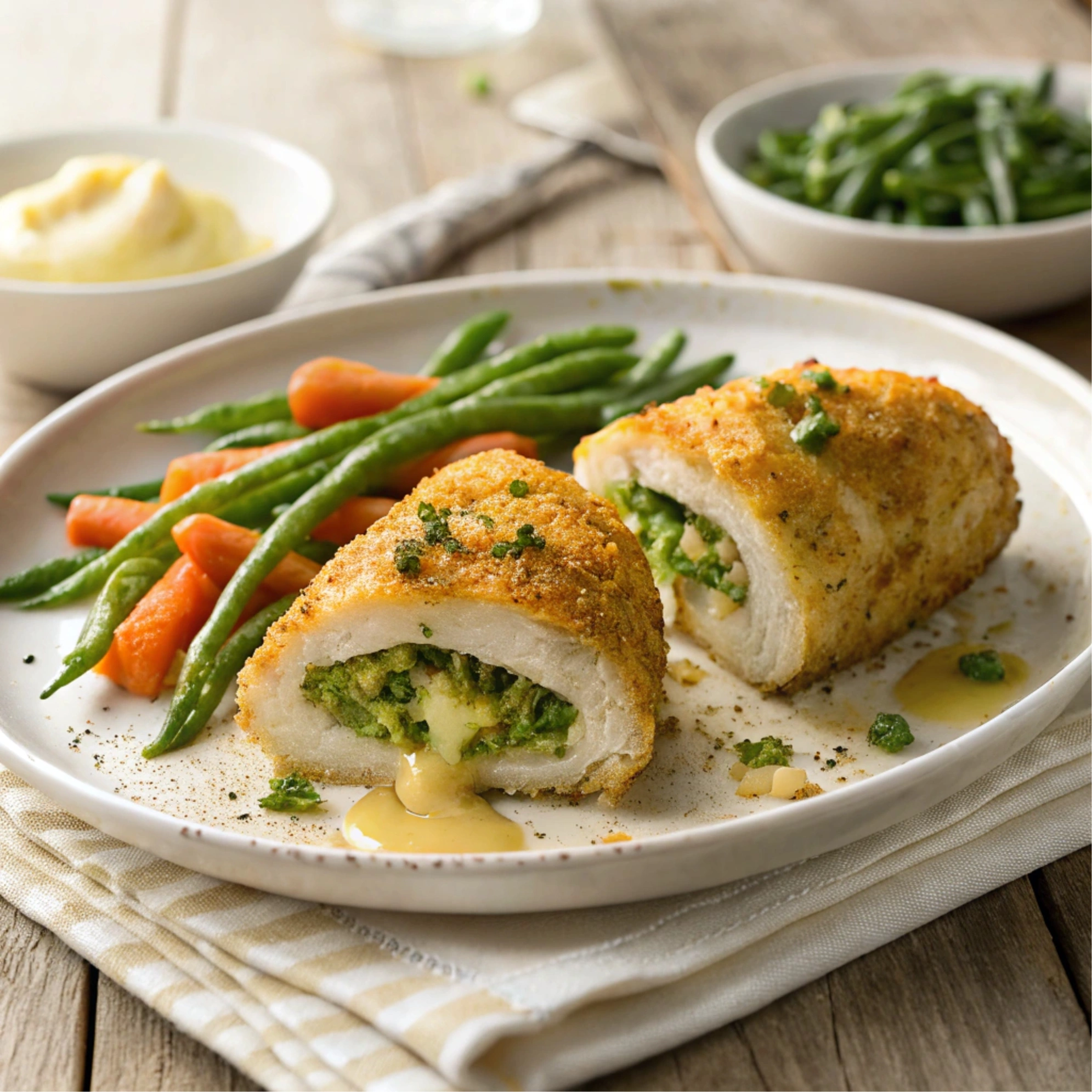 Barber Foods Broccoli Stuffed Chicken plated with steamed green beans, roasted carrots, and a drizzle of garlic butter sauce.