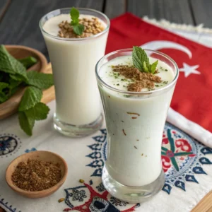 A glass of Ayran with cumin and a glass of Doogh with mint, on a table with Turkish and Persian designs