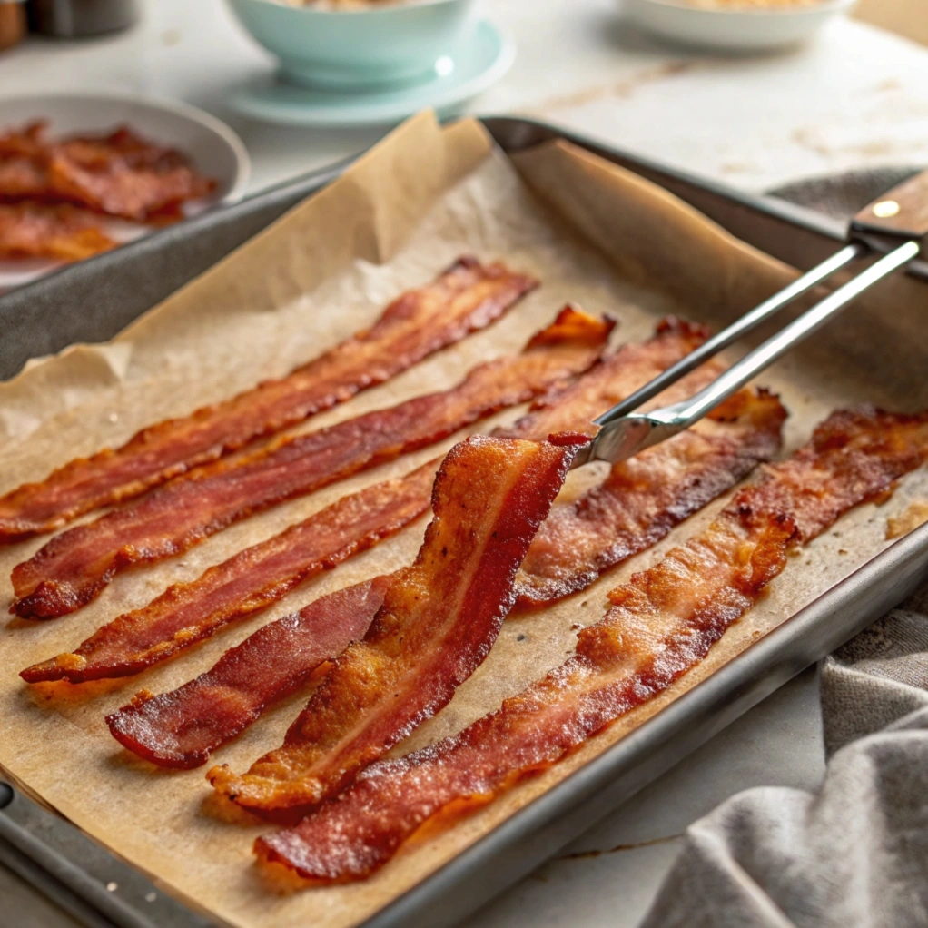 Golden brown turkey bacon cooked on a parchment-lined baking sheet.