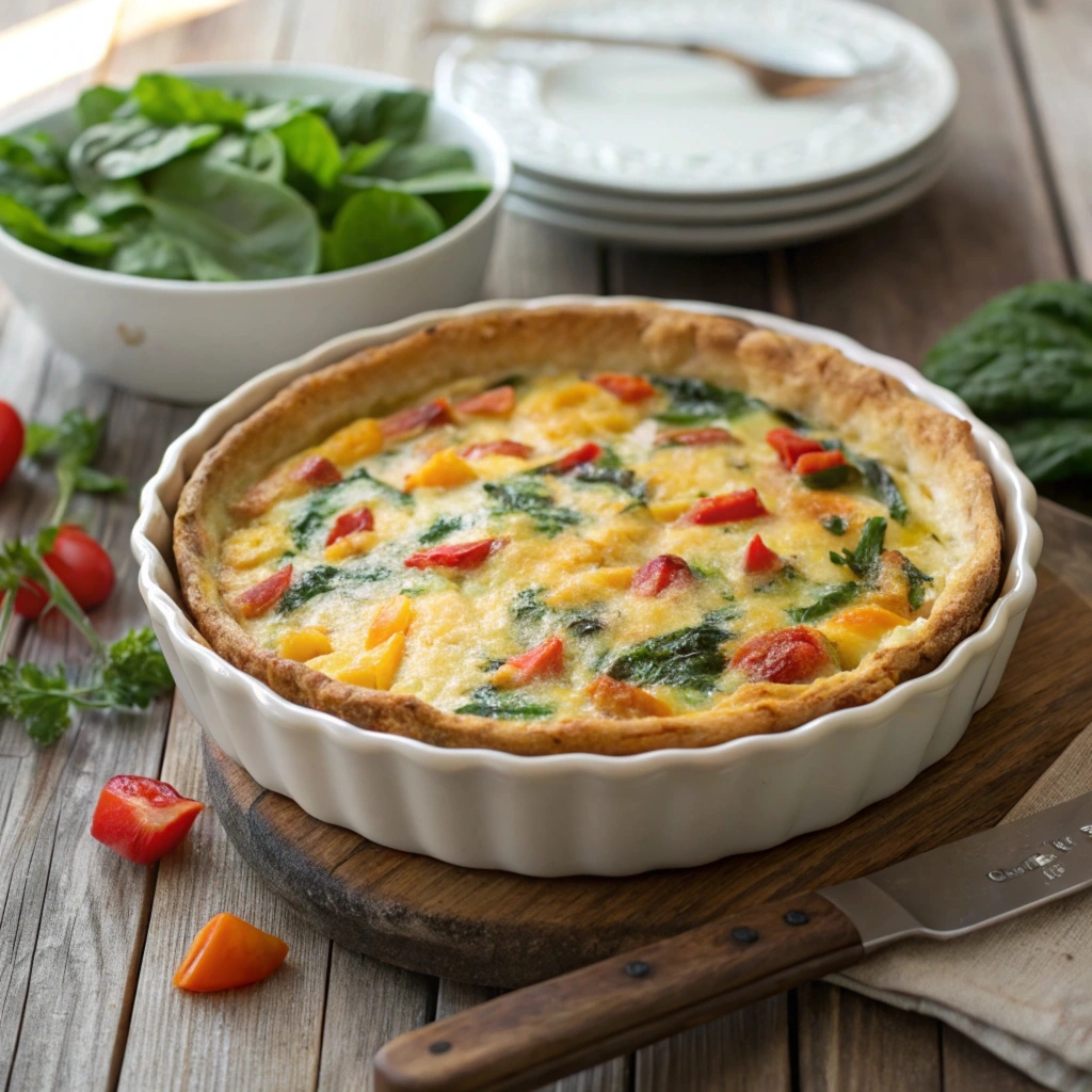 Tortilla quiche bake with golden tortillas, melted cheese, and colorful vegetables, served with a side salad on a rustic table.