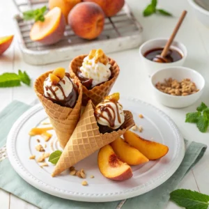 Fully assembled chocolate cones with honey-glazed peaches and whipped cream on a white plate.