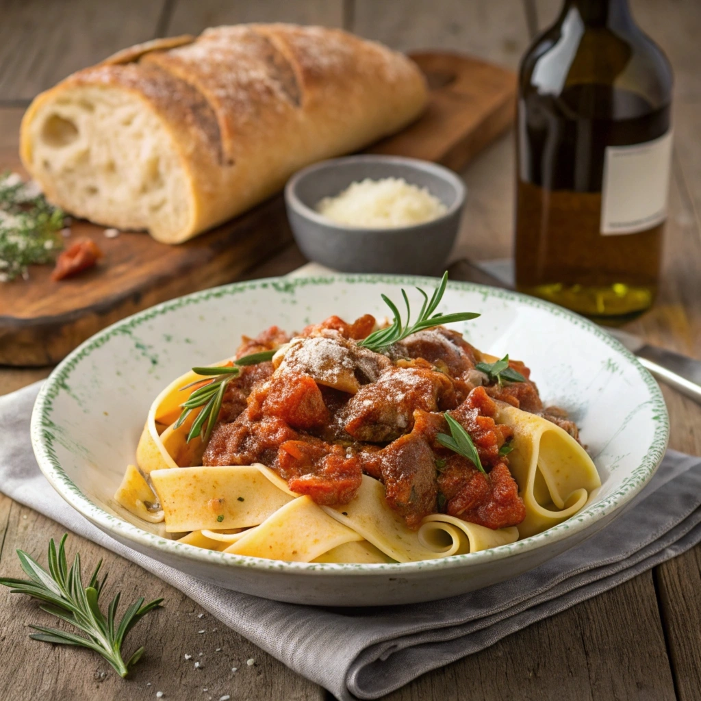 Lamb Ragu d'Abruzzo with rosemary served over pappardelle, garnished with fresh rosemary and Parmesan, on a rustic table