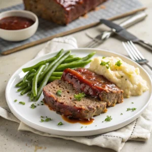 A slice of meatloaf with glaze, served with mashed potatoes and green beans on a white plate.