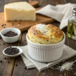 Black pepper and Parmesan soufflé in a white dish with golden top