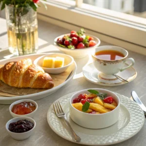 Gipfeli served on a plate with jam, butter, and honey, accompanied by tea and a fruit salad on a sunny breakfast table.