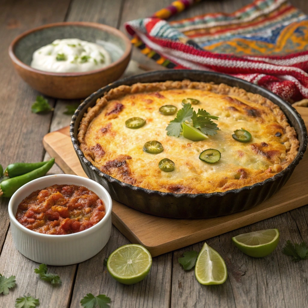 Freshly baked chicken tamale pie with golden crust, melted cheese, and garnishes, styled on a rustic table with Mexican decor