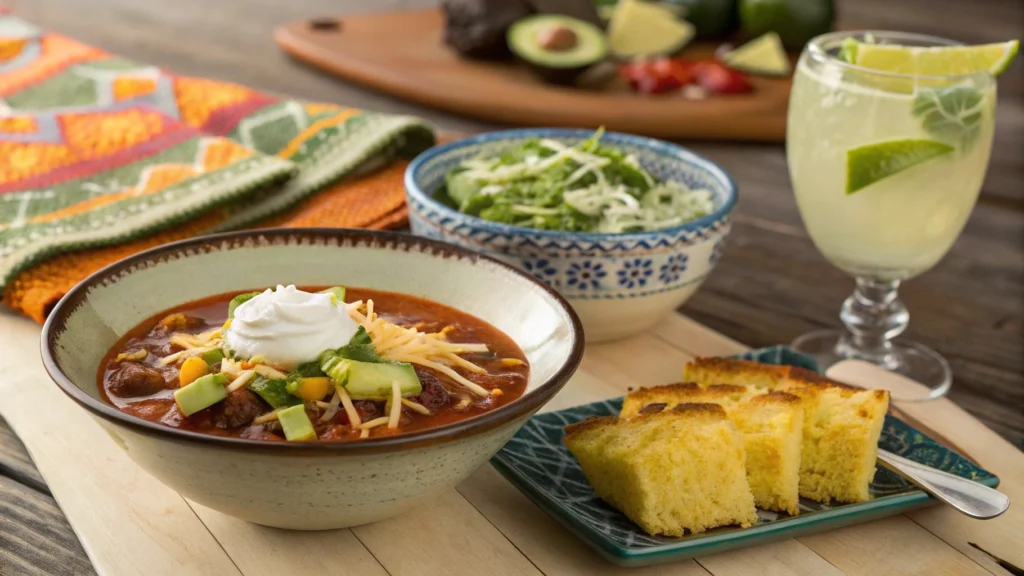 Taco soup frios served with cornbread and a margarita