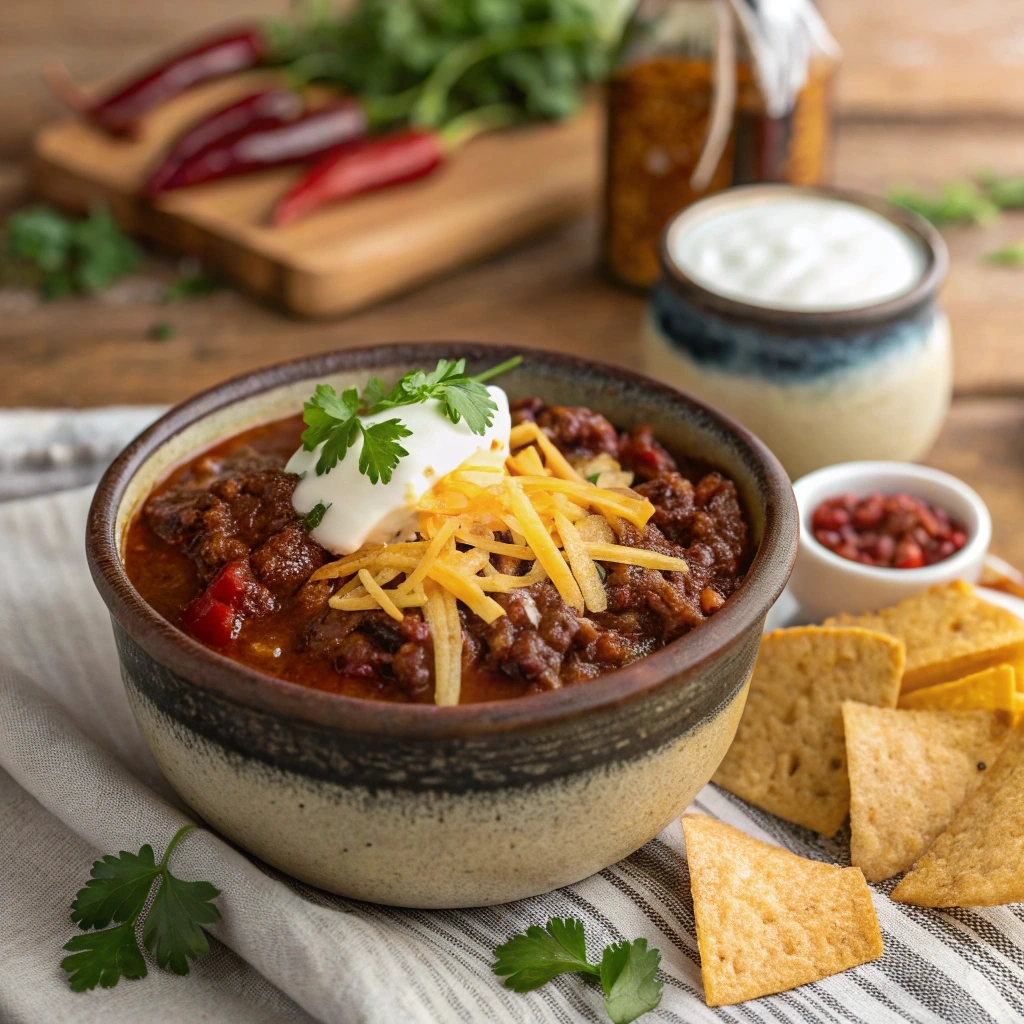 Hearty chili with ground beef and enchilada sauce topped with cheese and sour cream