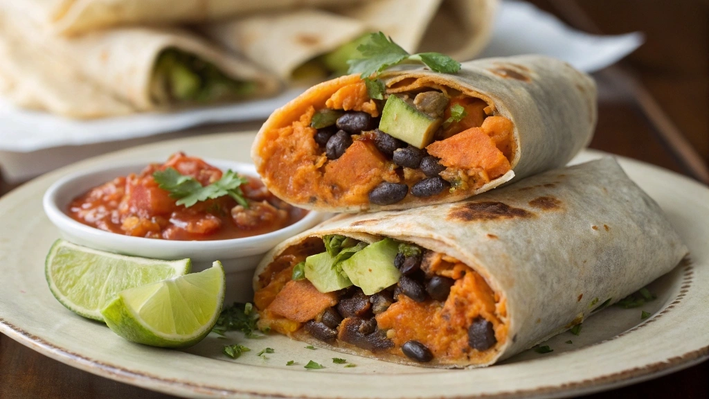 Sweet potato and black bean burrito cut in half with salsa and lime wedges on the side.