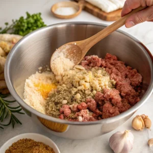 Mixing ground meat, breadcrumbs, eggs, and seasonings in a bowl for Ryan’s meatloaf recipe.