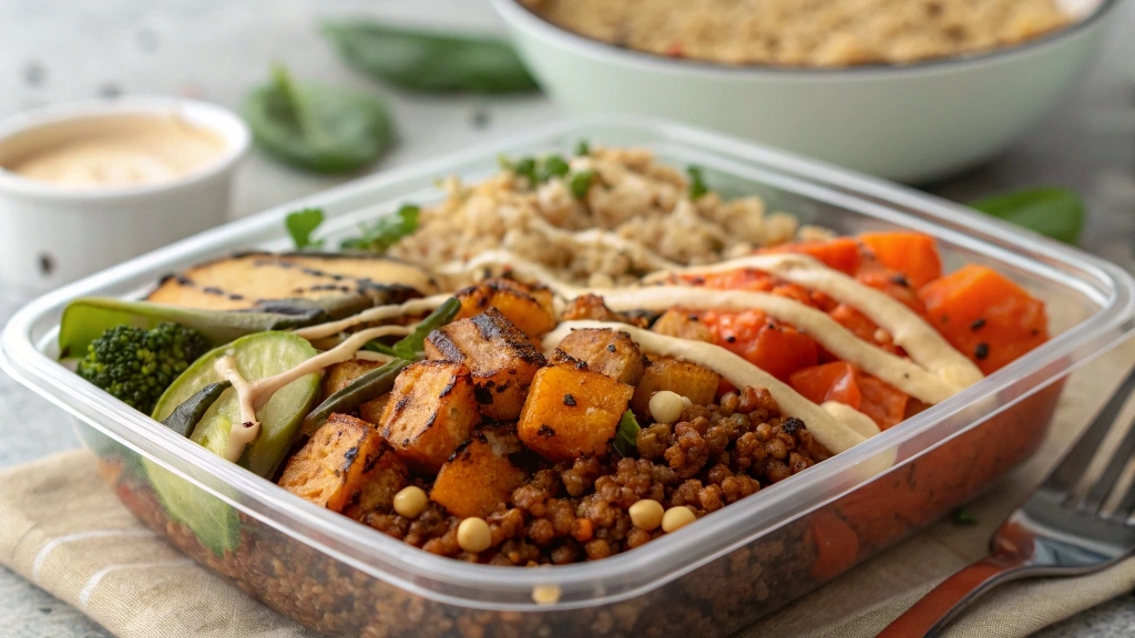 Lentil Buddha bowl in a meal prep container with roasted vegetables and tahini drizzle.