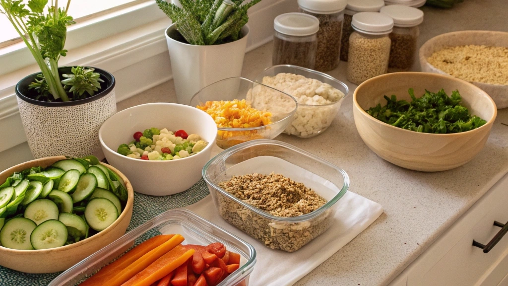 Flat lay of vegan meal prep ingredients on a kitchen countertop with eco-friendly containers.