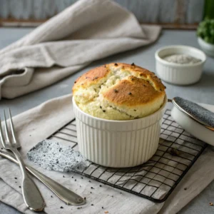 Freshly baked black pepper and Parmesan soufflé on a cooling rack