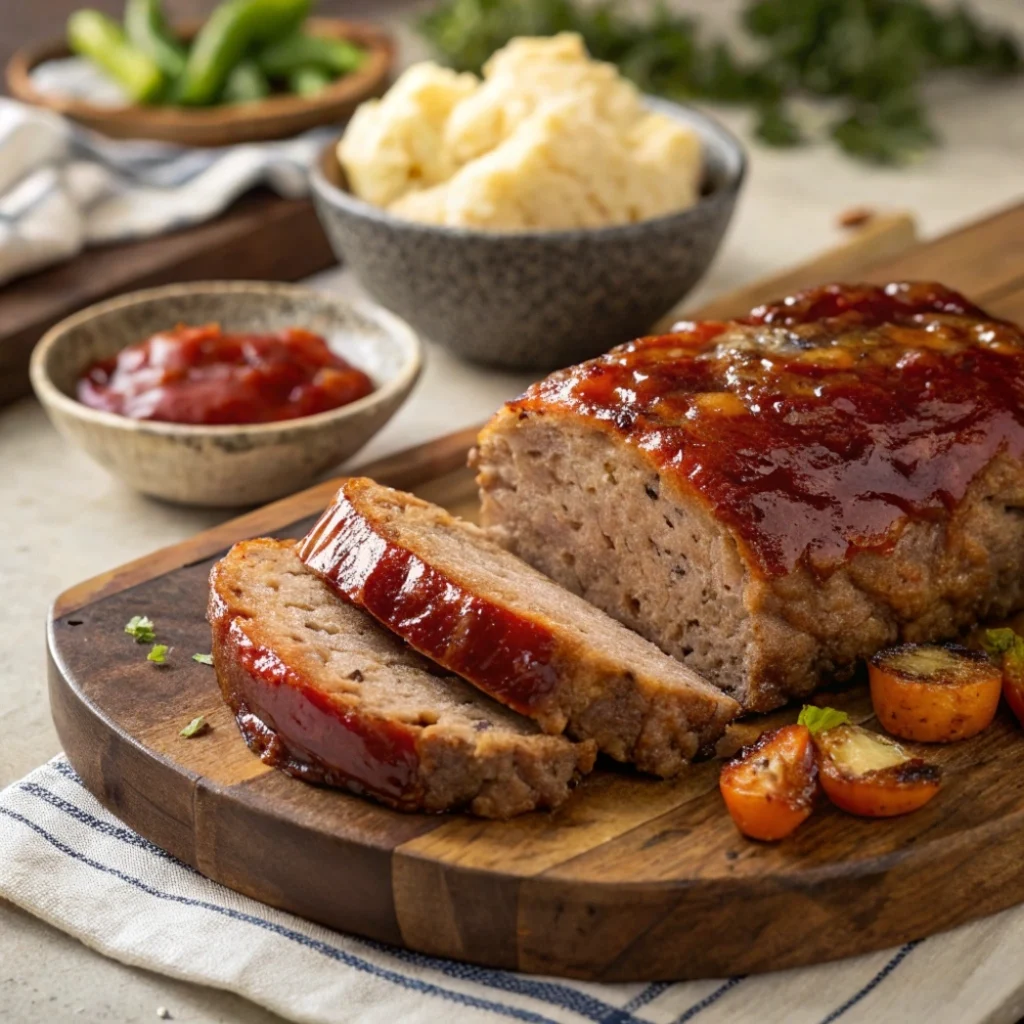 Sliced meatloaf with a caramelized glaze, served with mashed potatoes and roasted vegetables on a wooden platter.