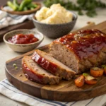 Sliced meatloaf with a caramelized glaze, served with mashed potatoes and roasted vegetables on a wooden platter.