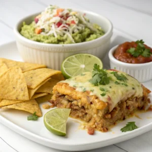 Chicken tamale pie served with Mexican coleslaw, guacamole, and tortilla chips on a plate.