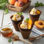 Chocolate cups filled with honey-glazed peaches, whipped cream, and a drizzle of honey, served with fresh peaches.