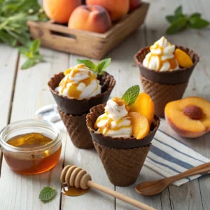Chocolate cups filled with honey-glazed peaches, whipped cream, and a drizzle of honey, served with fresh peaches.