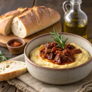 Lamb Ragu d'Abruzzo served over creamy polenta, garnished with rosemary, with bread and olive oil on the side