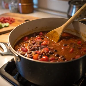 Simmering pot of chili with enchilada sauce and beef