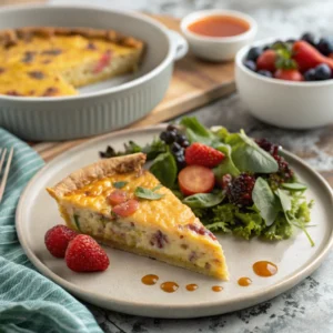 Slice of tortilla quiche bake served with a fresh green salad and fruit on a white plate.