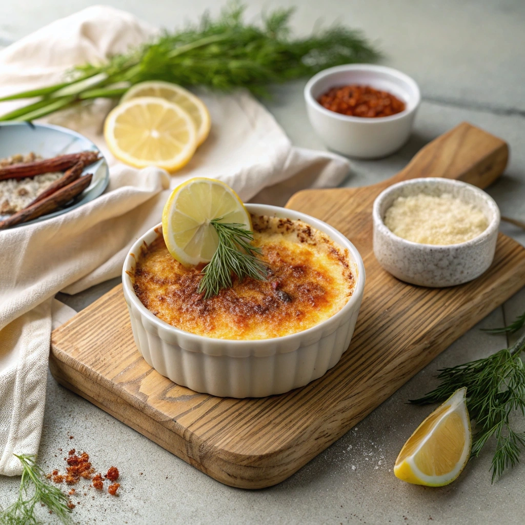 Crab brûlée served in a ramekin with caramelized sugar crust, garnished with fresh herbs and lemon wedges