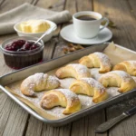 Freshly baked Gipfeli on a tray with a golden crust, served with coffee, butter, and fruit preserves.