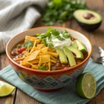 Chilled taco soup frios topped with Fritos, cheese, and avocado