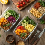 Vegan meal prep containers filled with lentil bowls, salads, and tofu scrambles on a wooden table.