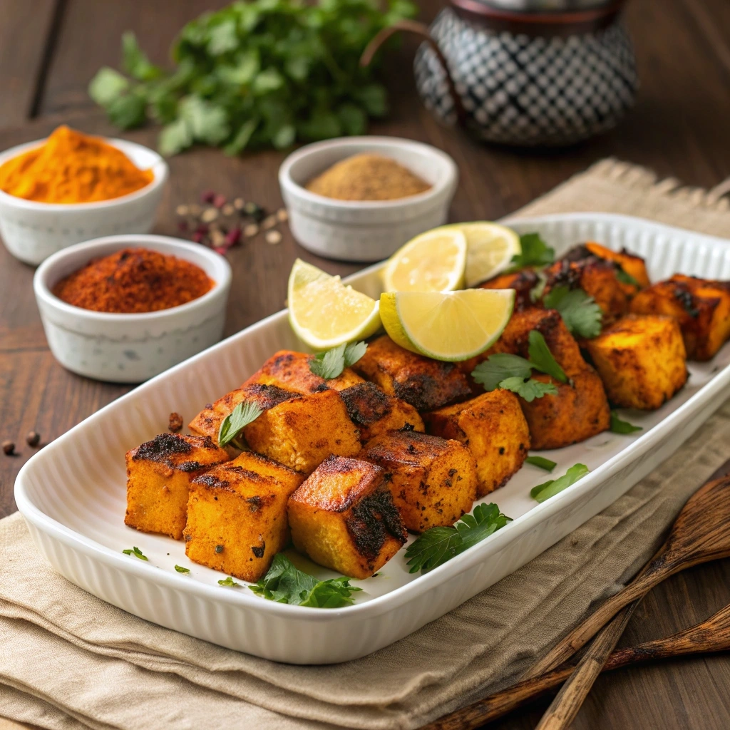 Tandoori Pumpkin Paneer served on a white platter, garnished with fresh cilantro and lemon wedges, with spices in the background