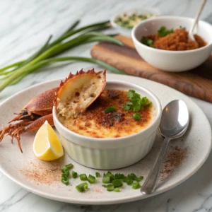 Crab brûlée served in a ramekin with a cracked caramelized crust, revealing creamy custard and crab, garnished with herbs and lemon