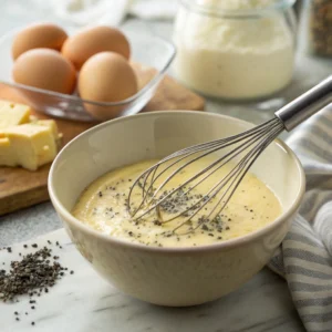 Béchamel sauce being blended with Parmesan and black pepper