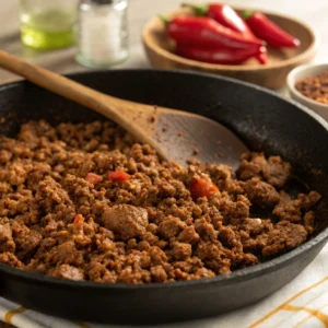 Ground beef browning in a skillet with spices for chili