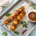 Tandoori Pumpkin Paneer skewers served with tamarind dipping sauce, garnished with herbs and chili flakes