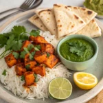 Tandoori Pumpkin Paneer served with basmati rice, naan, and mint chutney, garnished with cilantro and lemon slices