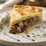 A plated slice of ruffled mushroom pot pie on a rustic ceramic plate, garnished with fresh thyme and a drizzle of balsamic glaze.