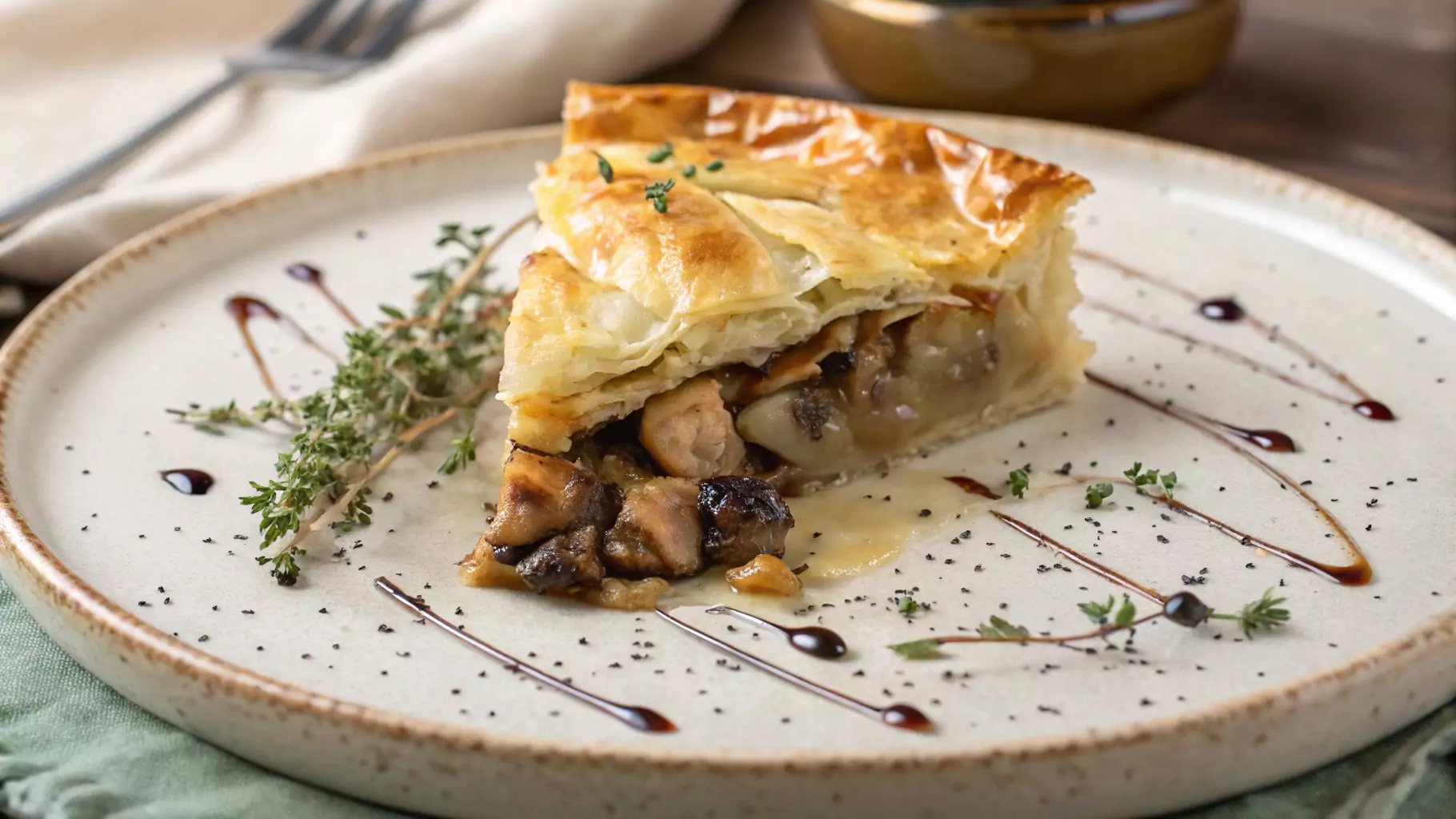 A plated slice of ruffled mushroom pot pie on a rustic ceramic plate, garnished with fresh thyme and a drizzle of balsamic glaze.