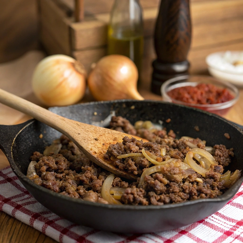 Seasoned ground beef and onions cooking in a skillet for the casserole