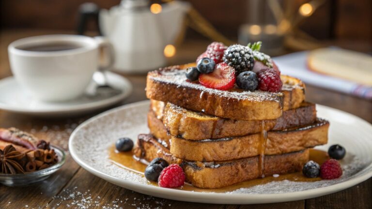 Golden McCormick French Toast with syrup and berries