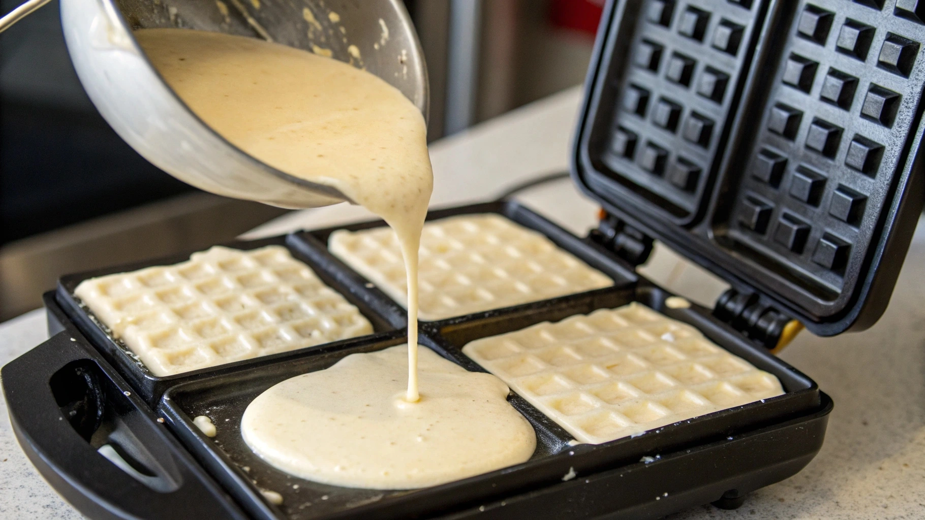 Kodiak waffle batter being poured into a waffle iron.