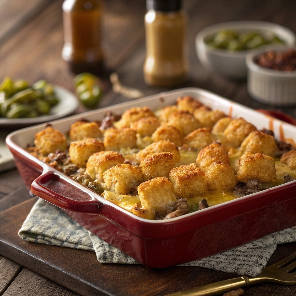 Freshly baked Big Mac Tater Tot Casserole with crispy tater tots and melted cheese