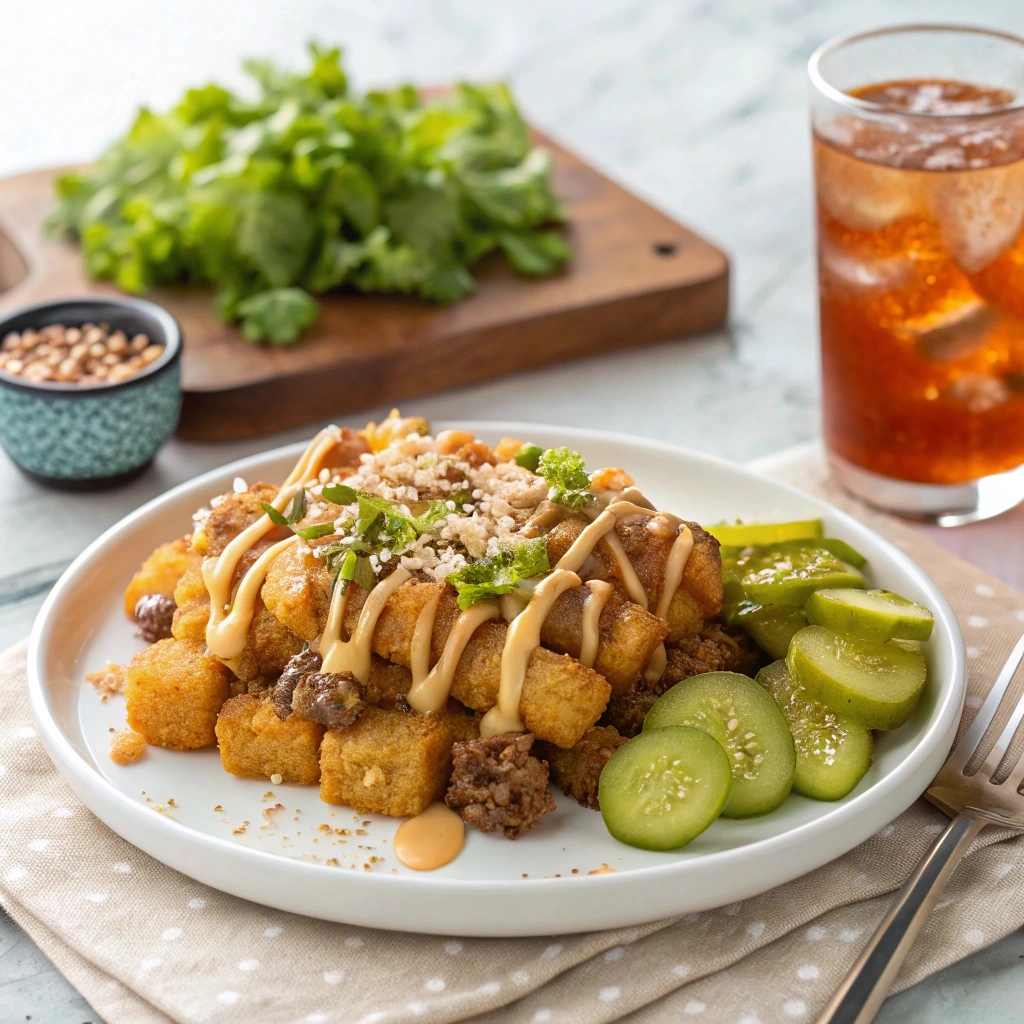 A plated serving of Big Mac Tater Tot Casserole with Big Mac sauce