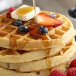 Golden Kodiak waffles stacked with maple syrup and fresh berries